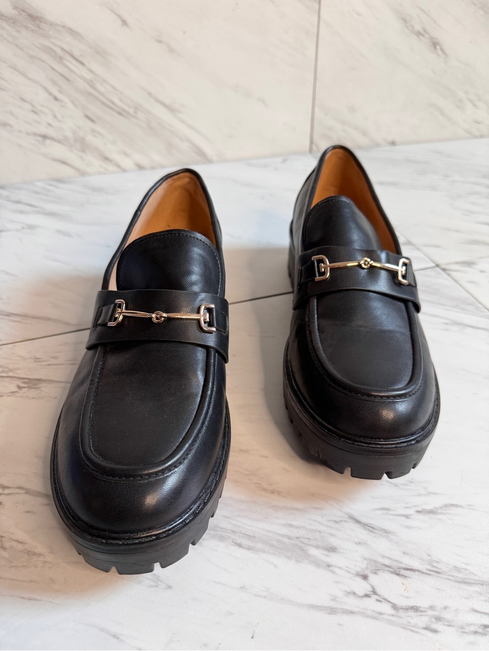 ZBY Black Leather Lug Sole Loafers Womens 9.5 Gold Horsebit Platform Slip On